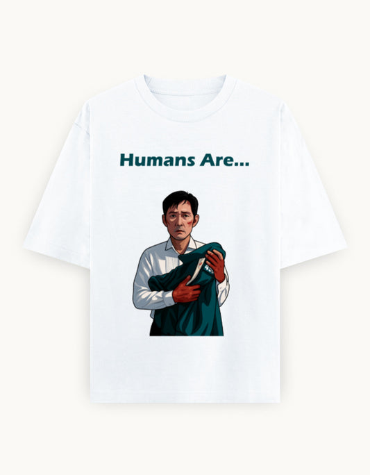 White oversized Squid Game t-shirt with Gi-hun(456) holding baby(222) and text “Humans Are…” – Korean drama fan streetwear from Skullmask.