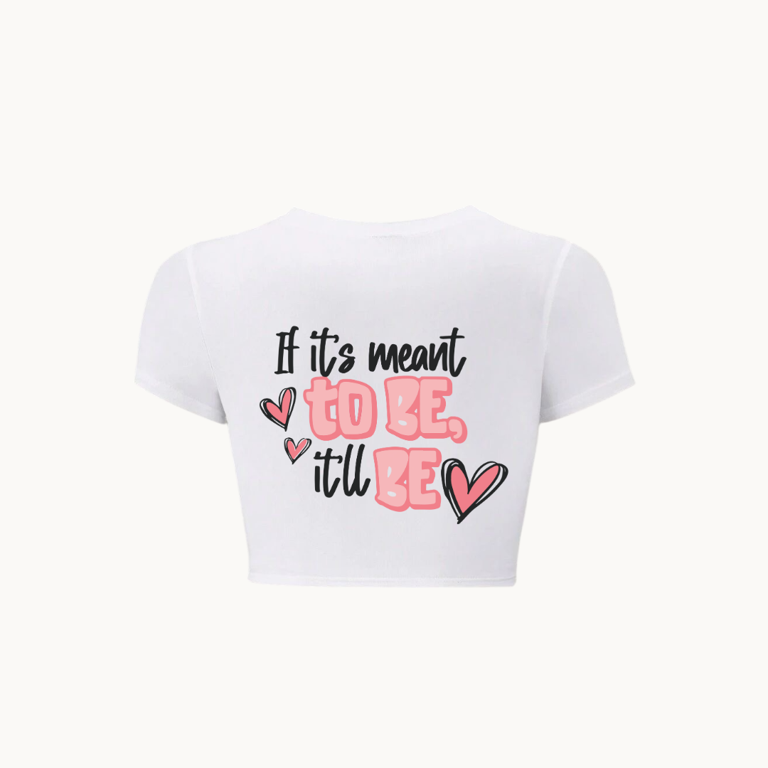 White cropped t-shirt featuring two pink koi fish in a circular design on the front and the slogan 'If it's meant to be, it will be' elegantly printed on the back - SKULLMASK