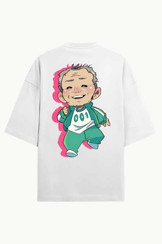 Squid Game 001 Oversized T-Shirt featuring premium French Terry Cotton and bold character design, perfect for casual wear and streetwear enthusiasts