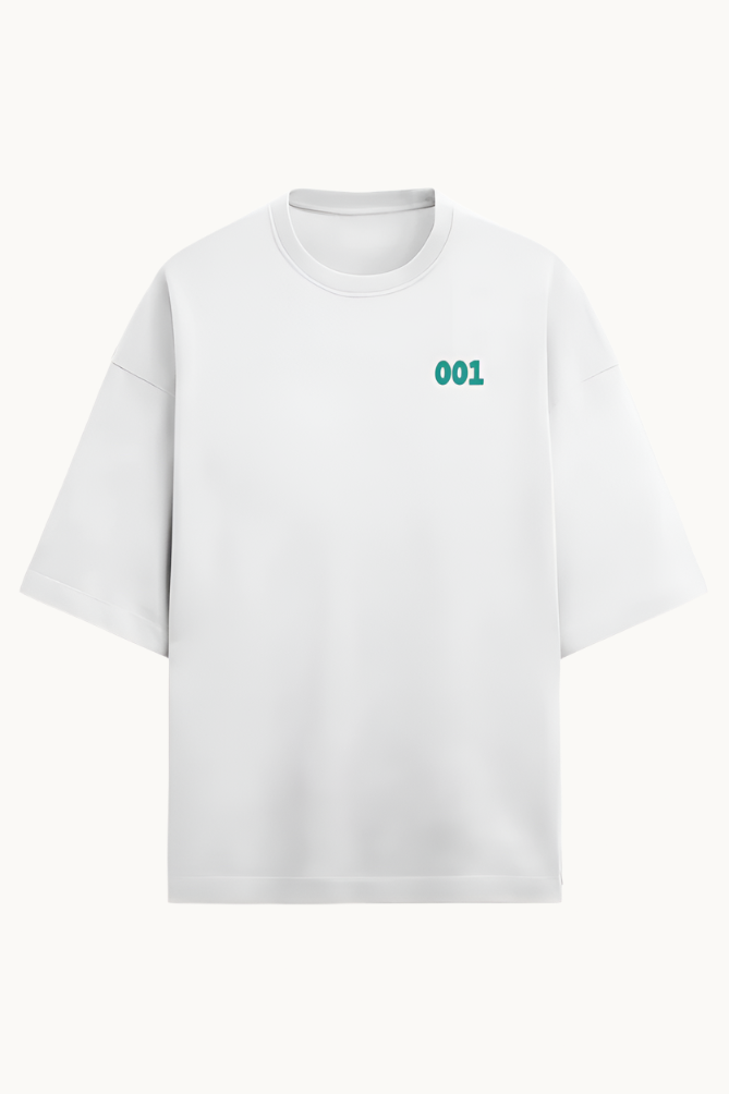 Squid Game 001 Oversized T-Shirt featuring premium French Terry Cotton and bold character design, perfect for casual wear and streetwear enthusiasts