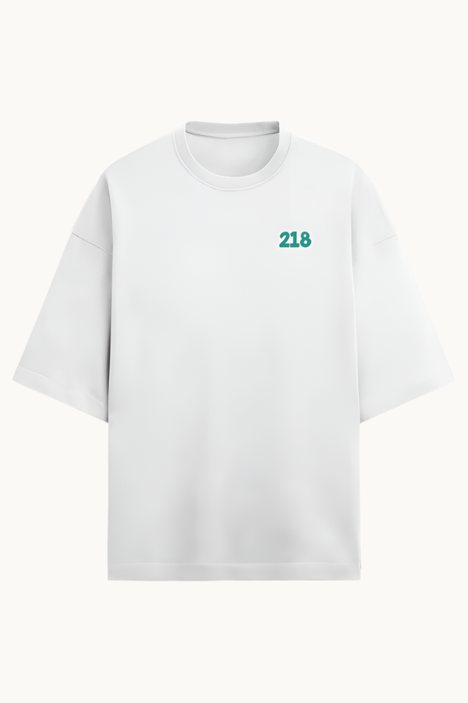 Squid Game 218 Oversized T-Shirt featuring premium French Terry Cotton and bold character design, perfect for casual wear and streetwear enthusiasts