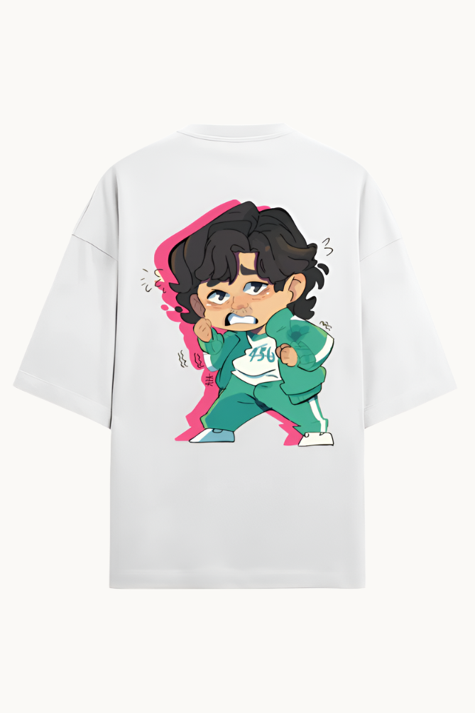 Squid Game 456 Oversized T-Shirt featuring premium French Terry Cotton and bold character design, perfect for casual wear and streetwear enthusiasts